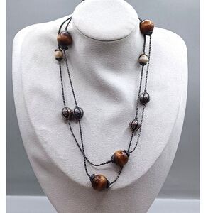 Vintage & Versatile Length Multi-Media Wood, Metal and Orca Agate Beads Necklace